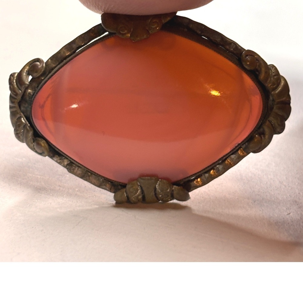 RARE stamped "Czechoslov" right in the Pink Glass Brooch Brass Scrollwork Pin